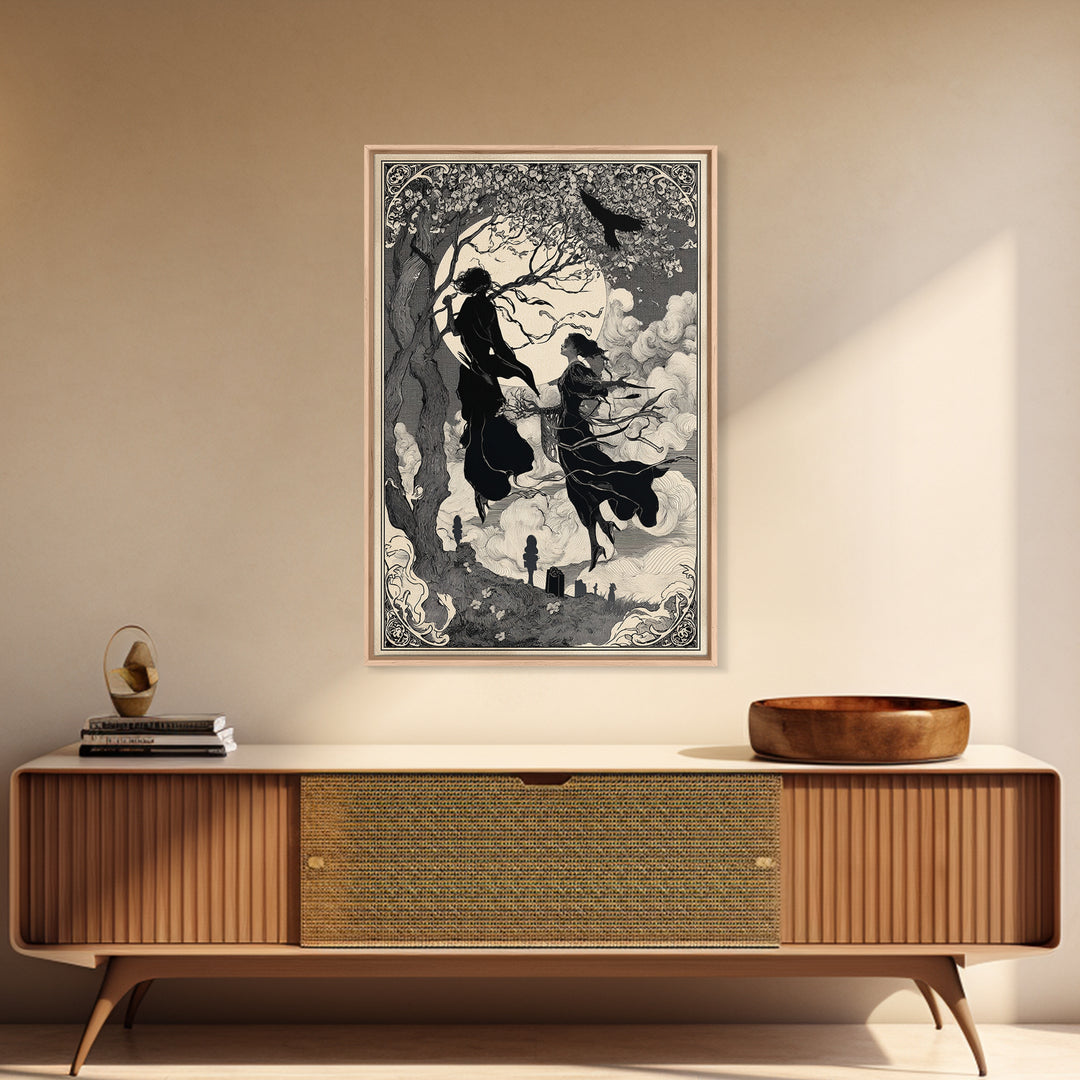 The Upside-Down Cemetery, Decadent Line Art, Vertical Wall Art, Dark Halloween Decor, Canvas Print, Halloween Wall Art