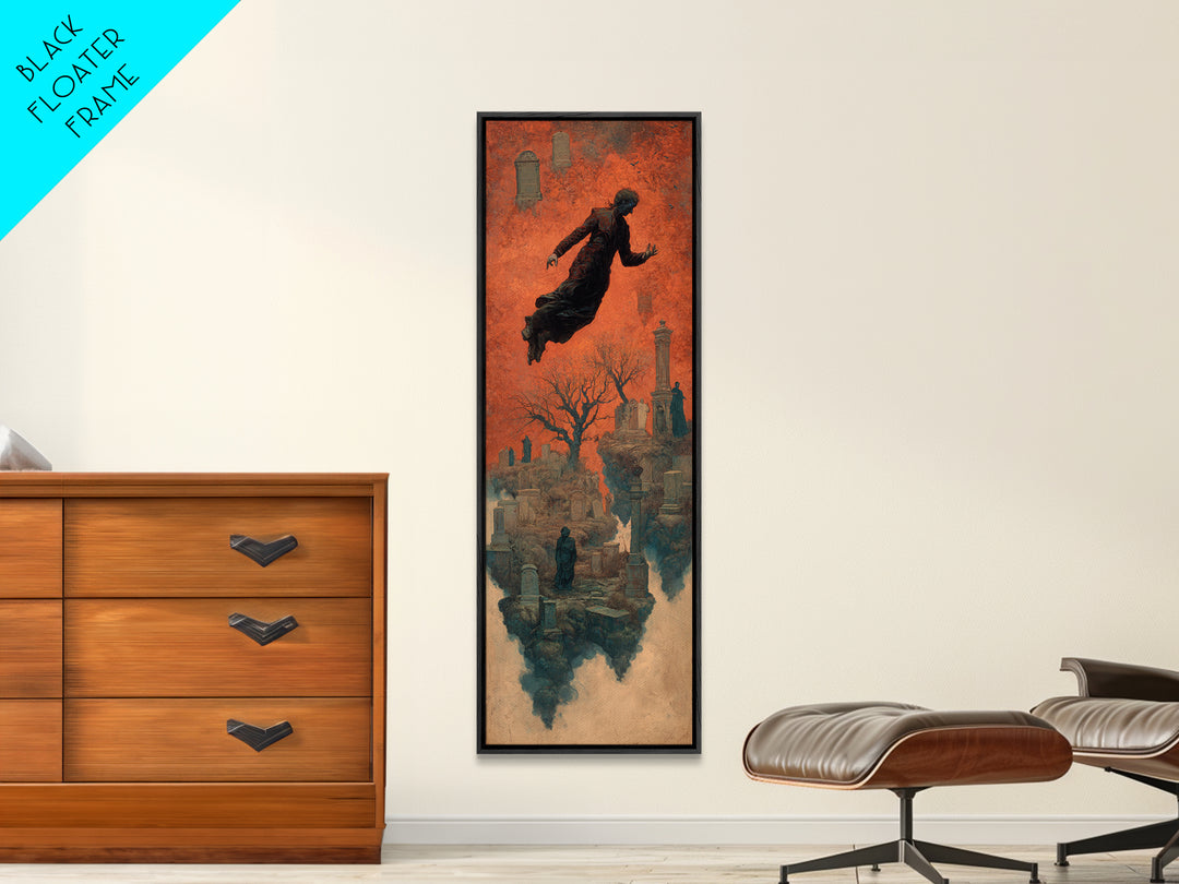 The Upside-Down Cemetery, Surreal Apocalyptic Art, Tall Narrow Wall Art, Macabre Wall Art, Canvas Print, Halloween Wall Art