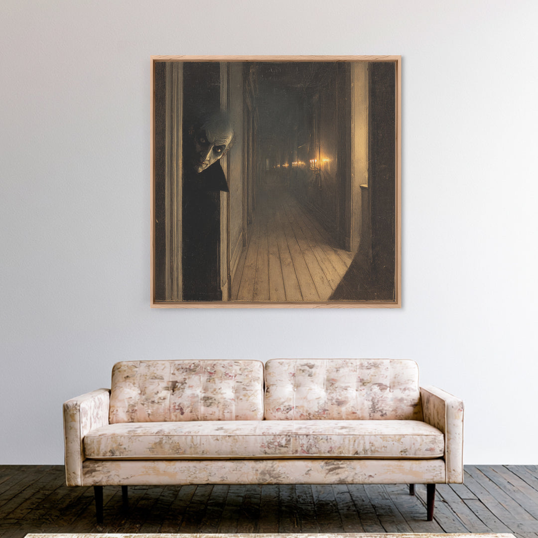 The Infinite Hallway, Symbolist Dream Art, Square Wall Art, Dark Halloween Decor, Canvas Print, Halloween Wall Art