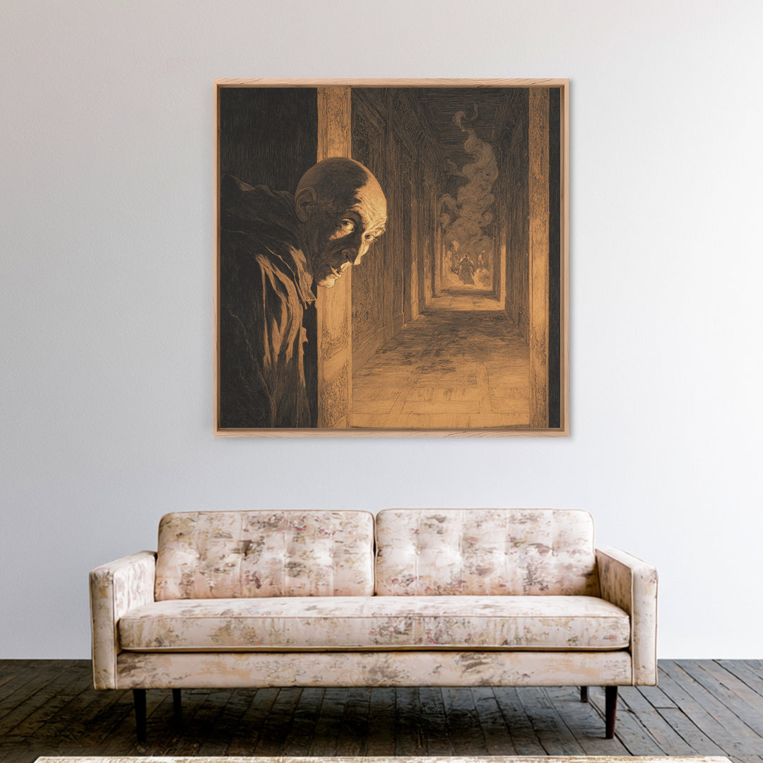 The Infinite Hallway, Symbolist Etching Art, Square Wall Art, Dark Fantasy Wall Art, Framed Canvas Print, Halloween Wall Art