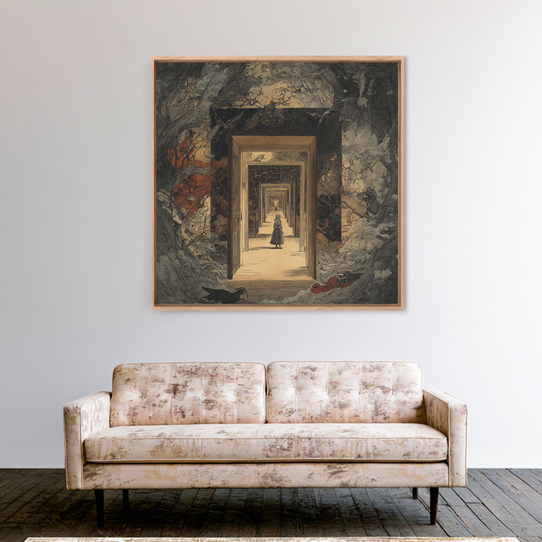 The Infinite Hallway, Gothic Storybook Art, Square Wall Art, Dark Fantasy Wall Art, Canvas Print, Halloween Wall Art