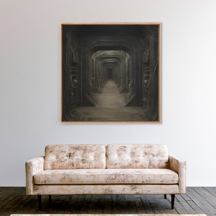 The Infinite Hallway, Biomechanical Horror Art, Square Wall Art, Dark Fantasy Wall Art, Framed Canvas Print, Halloween Wall Art