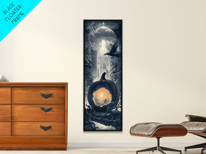 The Moon Inside A Pumpkin, Gothic Engraving Art, Tall Narrow Wall Art, Macabre Wall Art, Framed Canvas Print, Halloween Wall Art
