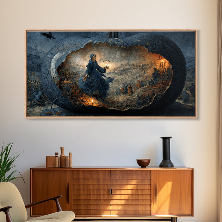 The Moon Inside A Pumpkin, Northern Renaissance Horror, Wide Panoramic Art, Dark Halloween Decor, Framed Canvas Print