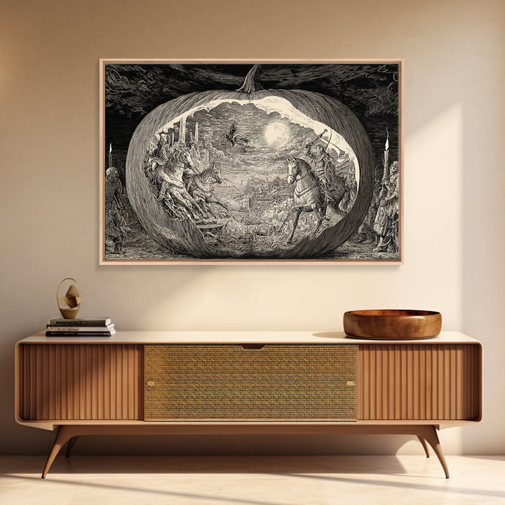 The Moon Inside A Pumpkin, Renaissance Engraving Art, Landscape Wall Art, Macabre Wall Art, Canvas Print, Halloween Wall Art