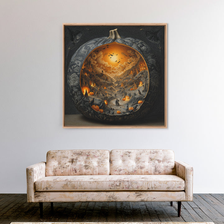 The Moon Inside A Pumpkin, Danse Macabre Art, Square Wall Art, Dark Halloween Decor, Framed Canvas Print