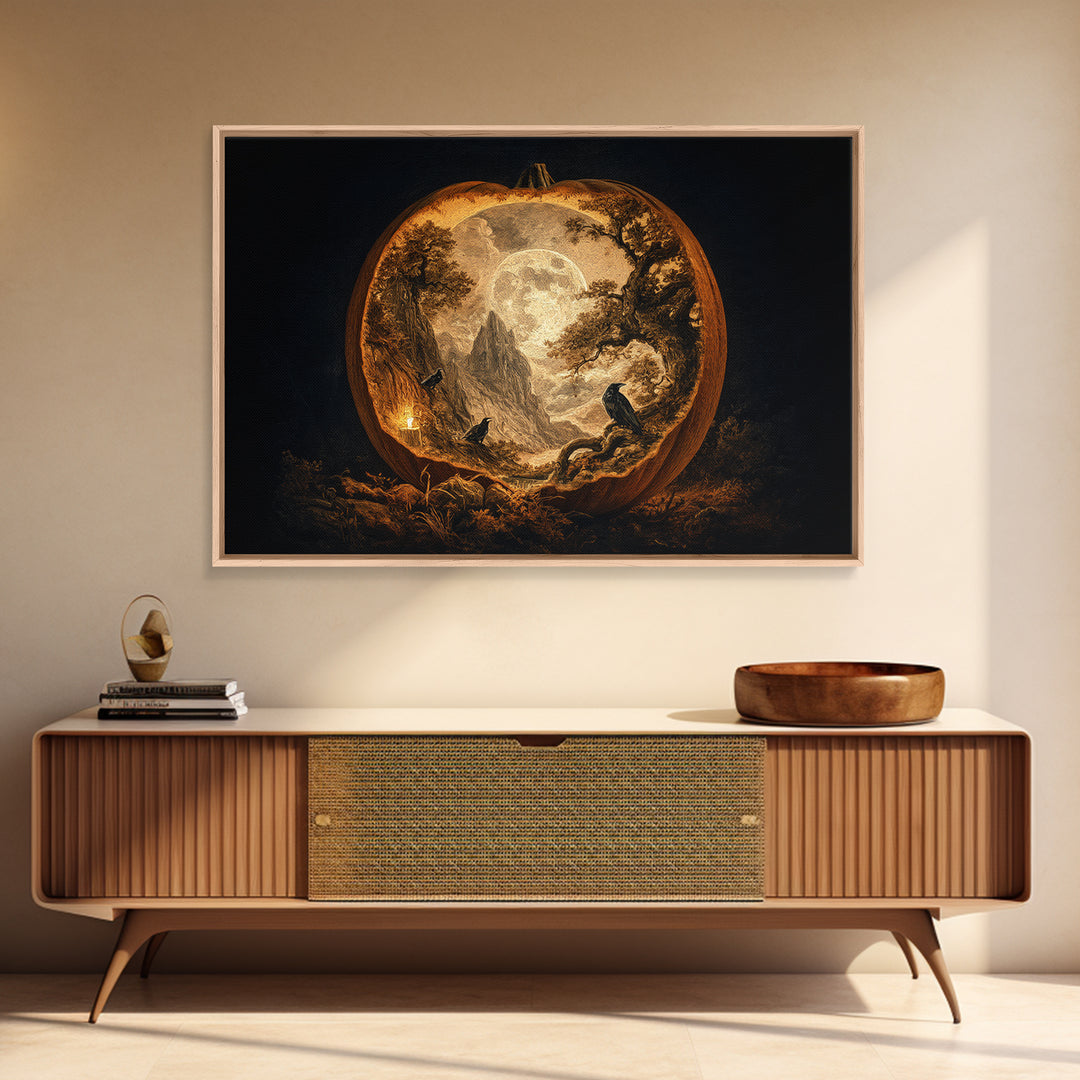 The Moon Inside A Pumpkin, Baroque Witchcraft Art, Landscape Wall Art, Dark Fantasy Wall Art, Framed Canvas Print, Halloween Wall Art