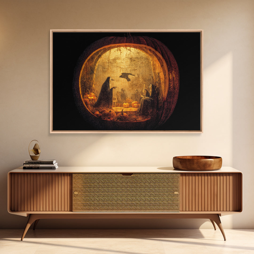 The Moon Inside A Pumpkin, Dark Romantic Horror Art, Landscape Wall Art, Gothic Horror Wall Art, Framed Canvas Print, Halloween Wall Art