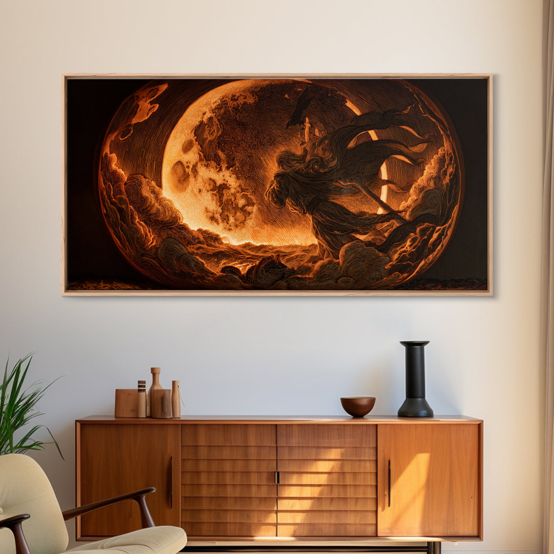 The Moon Inside A Pumpkin, Visionary Gothic Art, Wide Panoramic Art, Dark Halloween Decor, Framed Canvas Print, Halloween Wall Art