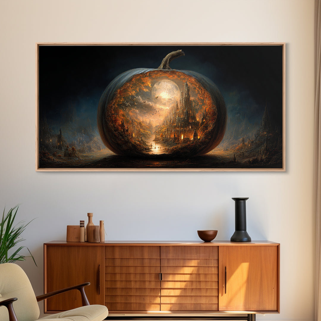 The Moon Inside A Pumpkin, Apocalyptic Romantic Art, Wide Panoramic Art, Gothic Horror Wall Art, Framed Canvas Print, Halloween Wall Art