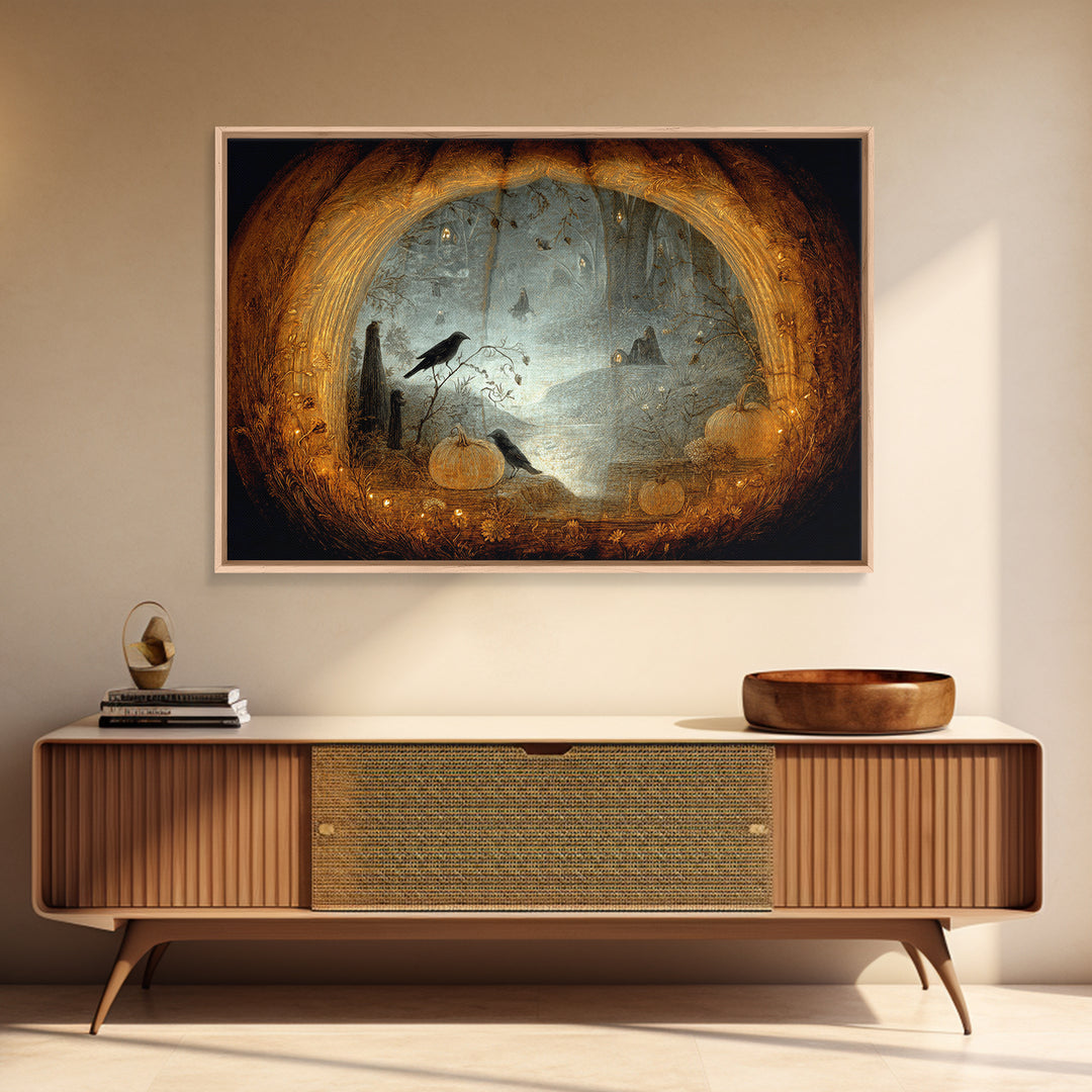 The Moon Inside A Pumpkin, Symbolist Dream Art, Landscape Wall Art, Macabre Wall Art, Framed Canvas Print, Halloween Wall Art