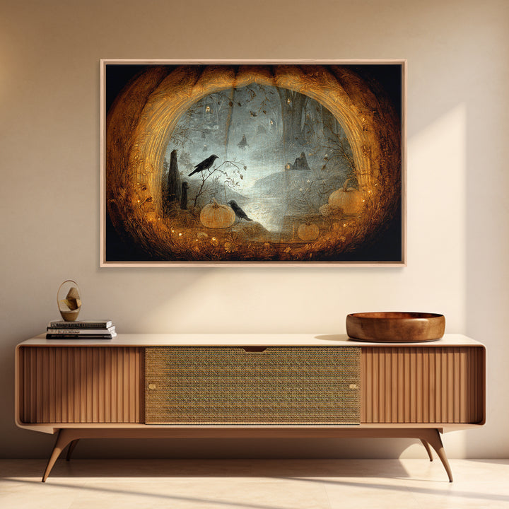 The Moon Inside A Pumpkin, Symbolist Dream Art, Landscape Wall Art, Macabre Wall Art, Framed Canvas Print, Halloween Wall Art