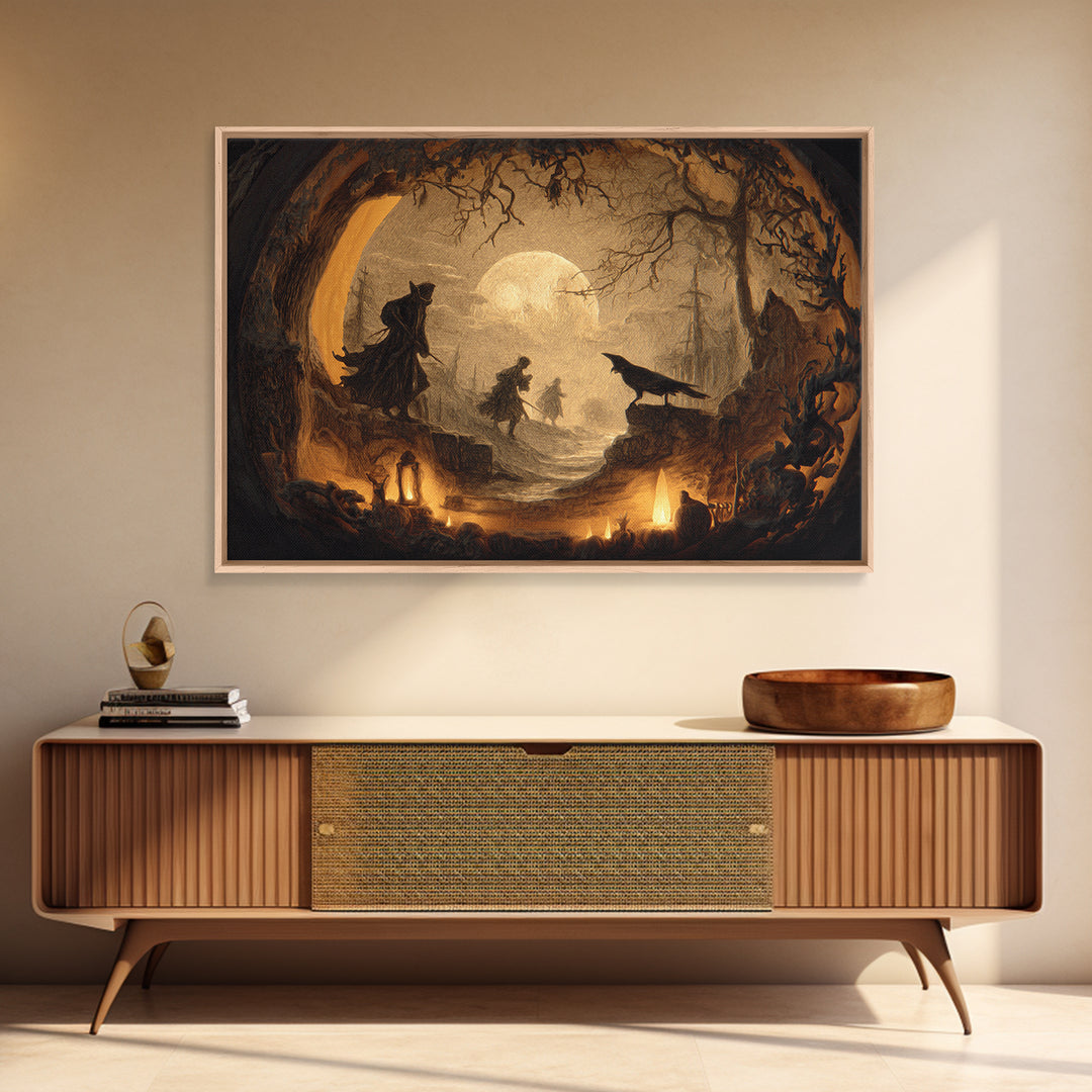 The Moon Inside A Pumpkin, Symbolist Etching Art, Landscape Wall Art, Dark Halloween Decor, Canvas Print, Halloween Wall Art