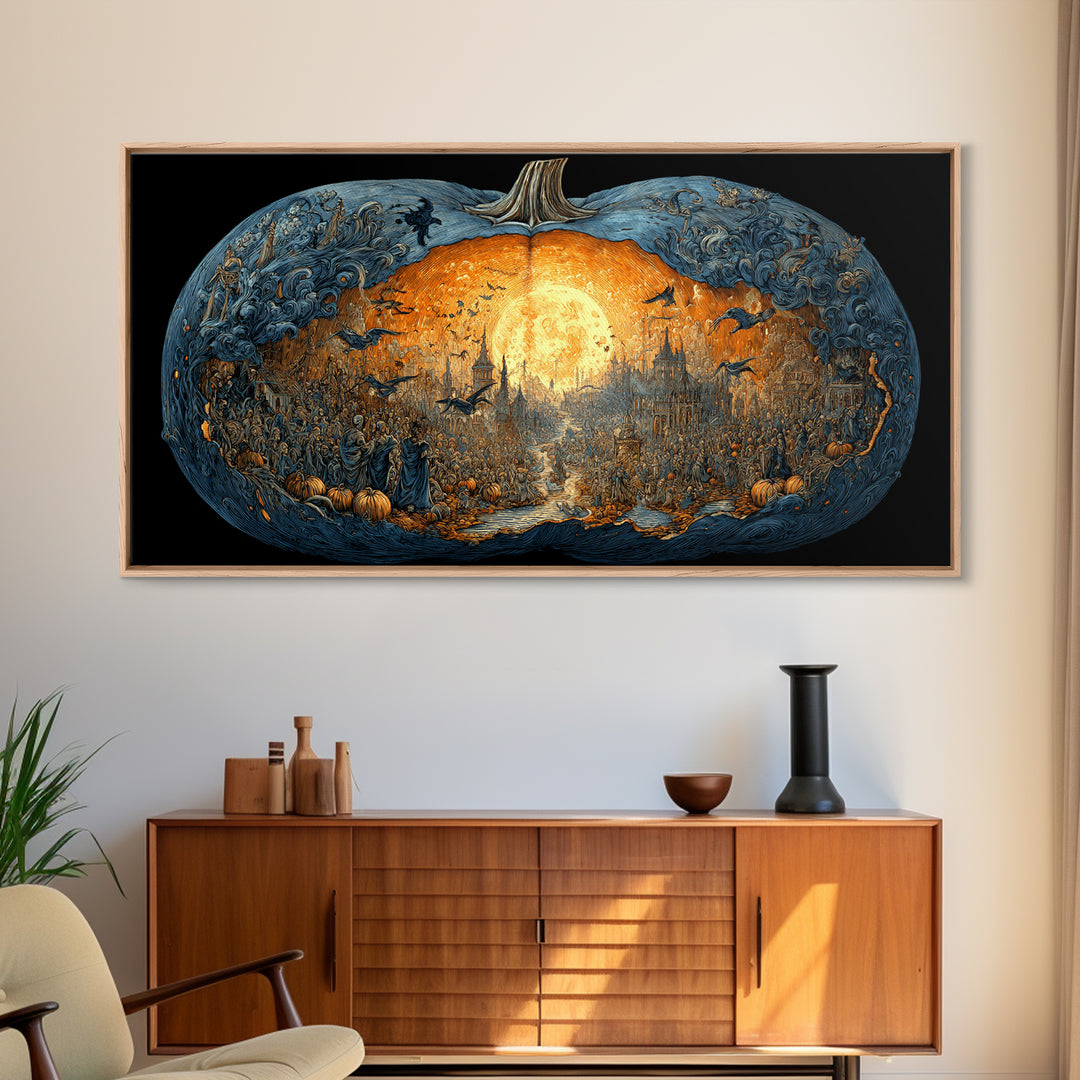 The Moon Inside A Pumpkin, Grotesque Carnival Art, Wide Panoramic Art, Dark Halloween Decor, Framed Canvas Print, Halloween Wall Art