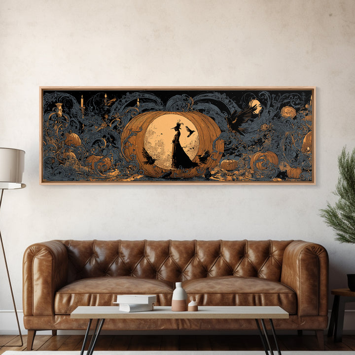 The Moon Inside A Pumpkin, Decadent Line Art, Extra Wide Wall Art, Gothic Horror Wall Art, Canvas Print, Halloween Wall Art