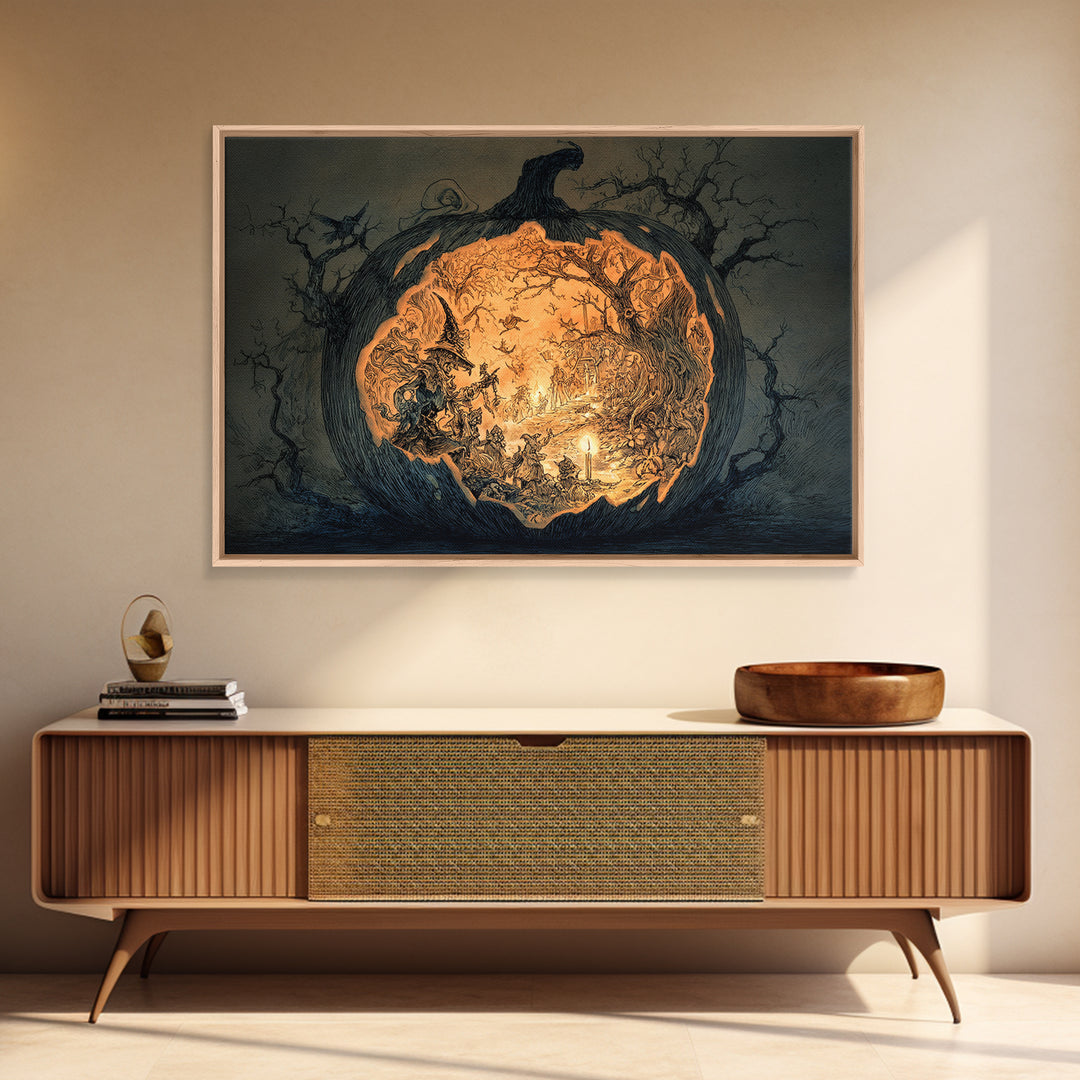 The Moon Inside A Pumpkin, Gothic Storybook Art, Landscape Wall Art, Dark Fantasy Wall Art, Framed Canvas Print, Halloween Wall Art