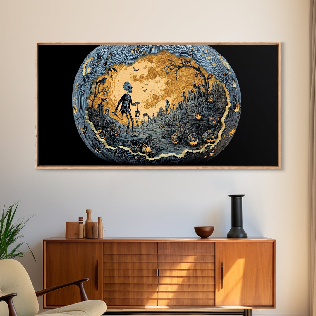 The Moon Inside A Pumpkin, Macabre Folk Print Art, Wide Panoramic Art, Macabre Wall Art, Framed Canvas Print, Halloween Wall Art