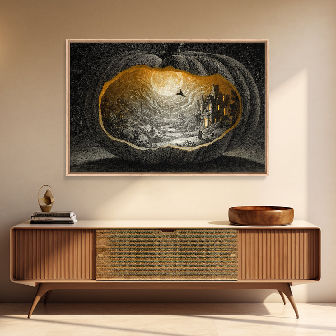 The Moon Inside A Pumpkin, Victorian Macabre Art, Landscape Wall Art, Gothic Horror Wall Art, Framed Canvas Print, Halloween Wall Art
