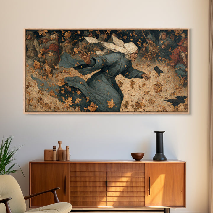 The Autumn-Leaf Ghost, Northern Renaissance Horror, Wide Panoramic Art, Dark Fantasy Wall Art, Framed Canvas Print