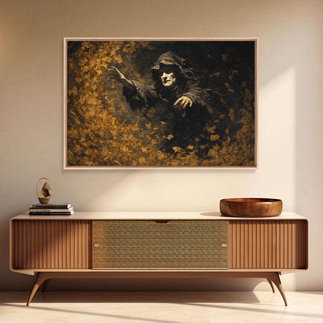 The Autumn-Leaf Ghost, Dark Romantic Horror Art, Landscape Wall Art, Macabre Wall Art, Framed Canvas Print, Halloween Wall Art