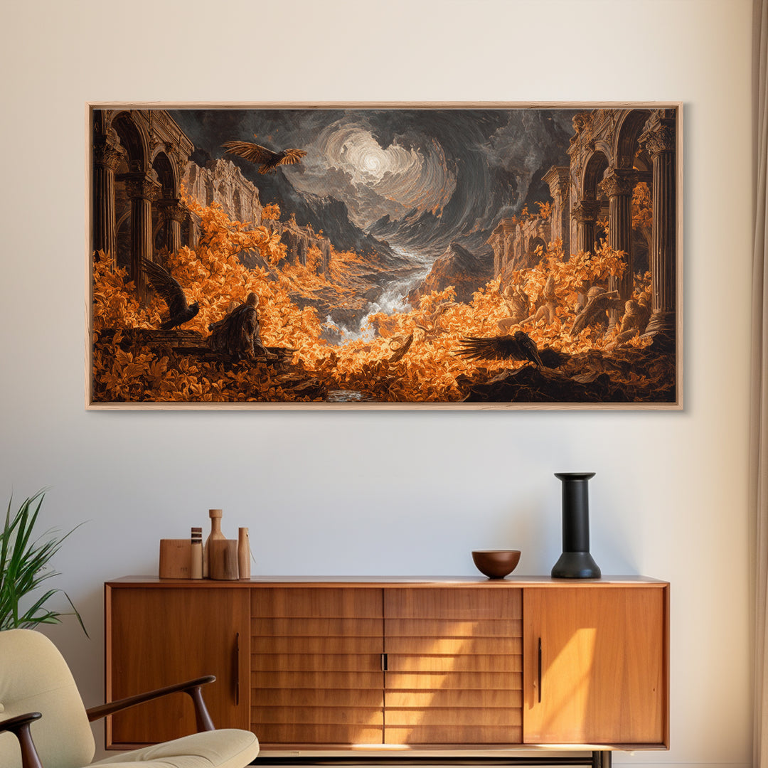 The Autumn-Leaf Ghost, Apocalyptic Romantic Art, Wide Panoramic Art, Macabre Wall Art, Framed Canvas Print, Halloween Wall Art