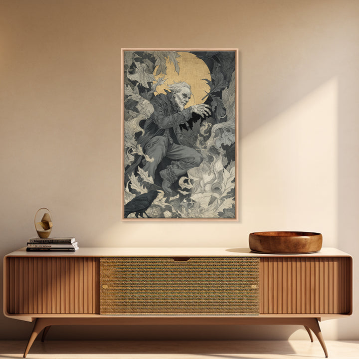 The Autumn-Leaf Ghost, Symbolist Etching Art, Vertical Wall Art, Dark Halloween Decor, Canvas Print, Halloween Wall Art, Horror Wall Art