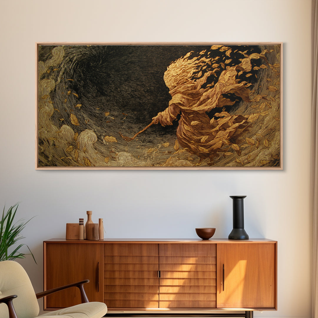 The Autumn-Leaf Ghost, Expressionist Nightmare Art, Wide Panoramic Art, Dark Fantasy Wall Art, Canvas Print, Halloween Wall Art