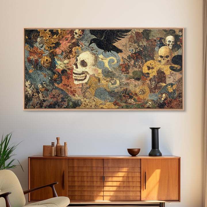 The Autumn-Leaf Ghost, Grotesque Carnival Art, Wide Panoramic Art, Gothic Horror Wall Art, Framed Canvas Print, Halloween Wall Art