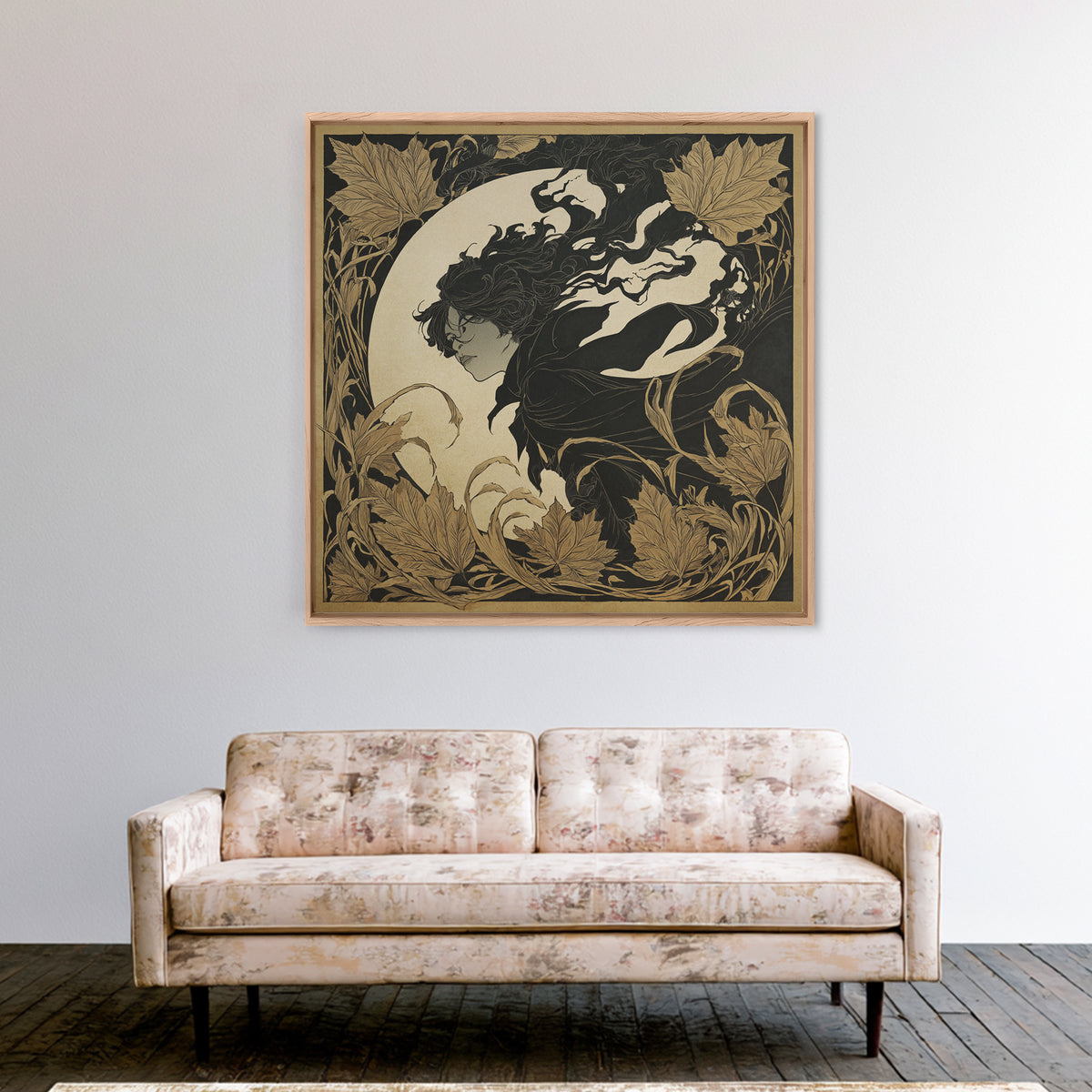 The Autumn-Leaf Ghost, Decadent Line Art, Square Wall Art, Dark Halloween Decor, Framed Canvas Print, Halloween Wall Art
