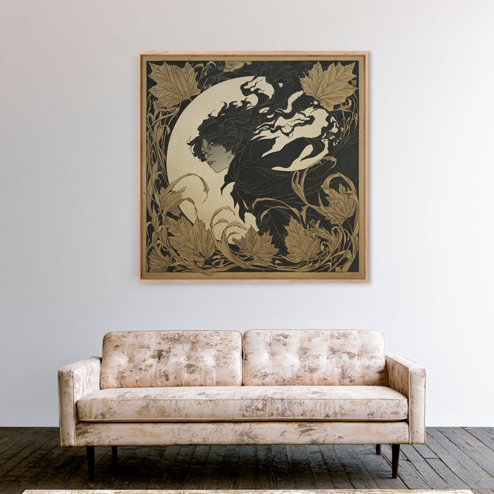 The Autumn-Leaf Ghost, Decadent Line Art, Square Wall Art, Dark Halloween Decor, Framed Canvas Print, Halloween Wall Art