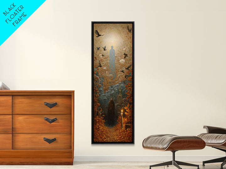 The Autumn-Leaf Ghost, Surreal Apocalyptic Art, Tall Narrow Wall Art, Dark Halloween Decor, Framed Canvas Print, Halloween Wall Art