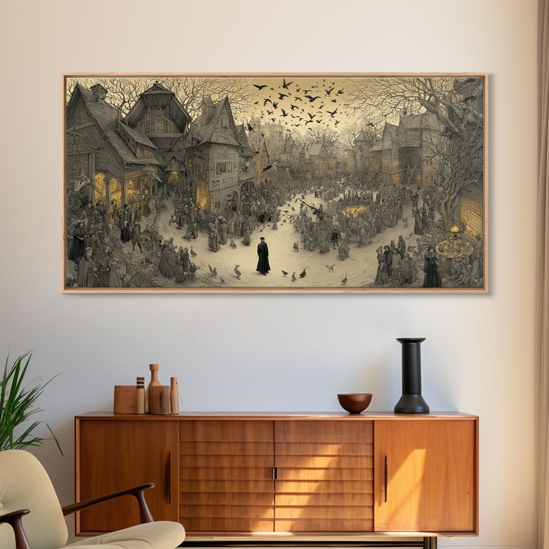 The Town Where Shadows Live, Northern Renaissance Horror, Wide Panoramic Art, Gothic Horror Wall Art, Framed Canvas Print