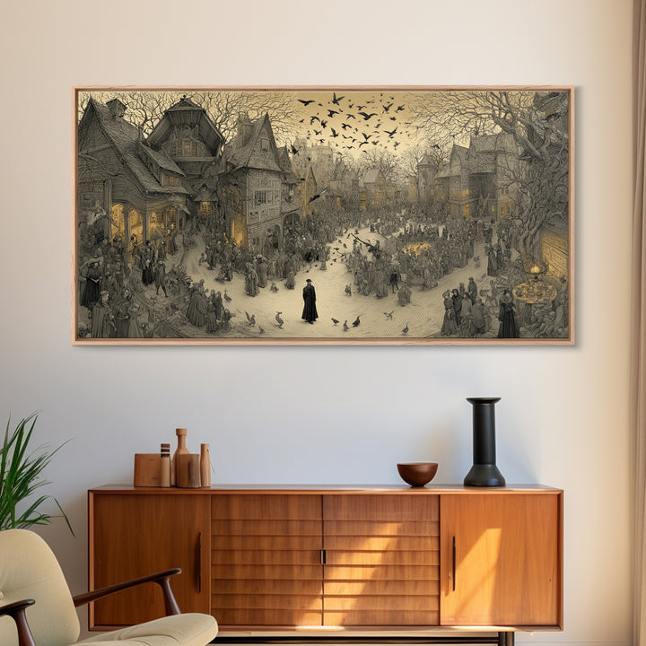 The Town Where Shadows Live, Northern Renaissance Horror, Wide Panoramic Art, Gothic Horror Wall Art, Framed Canvas Print