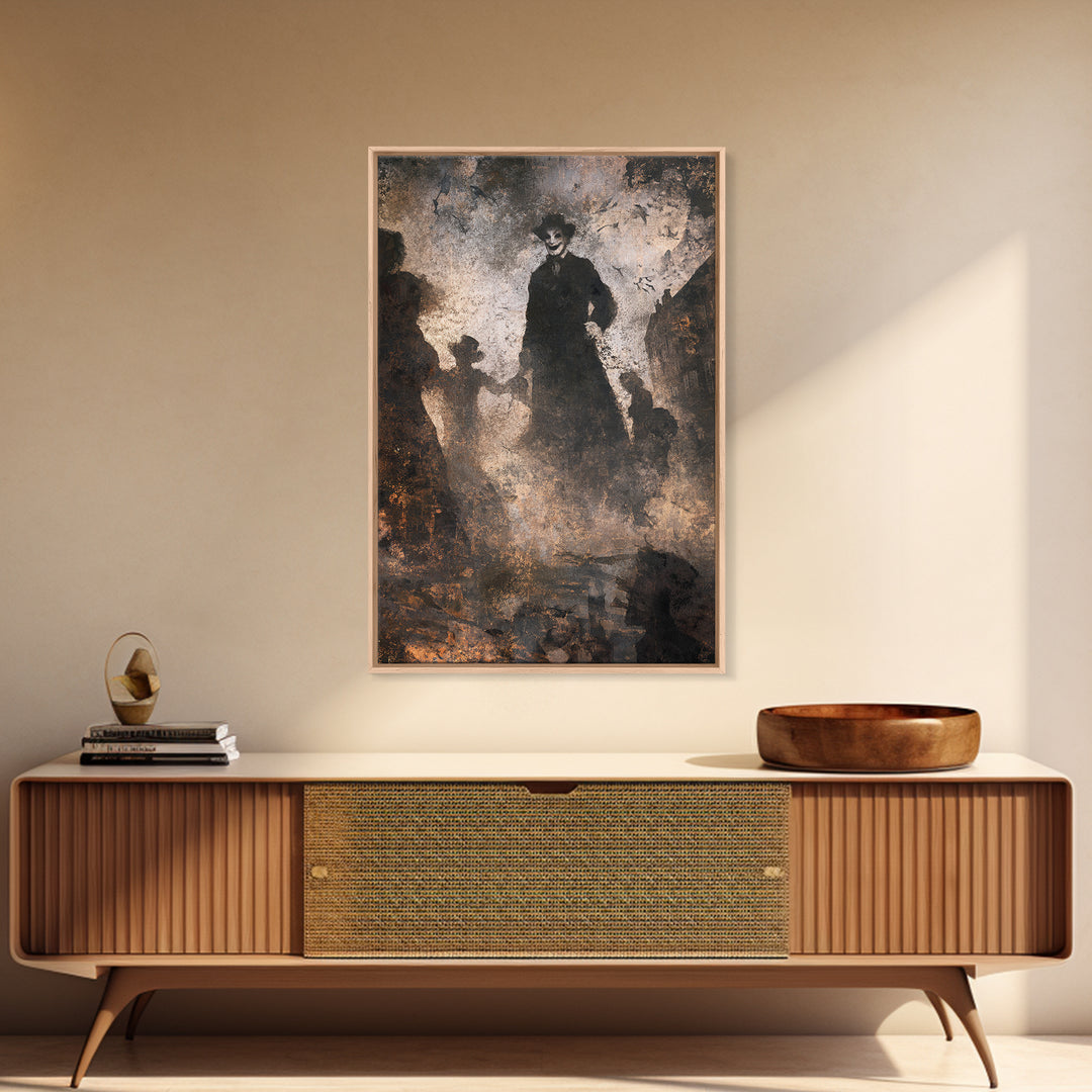 The Town Where Shadows Live, Dark Romantic Horror Art, Vertical Wall Art, Gothic Horror Wall Art, Framed Canvas Print, Halloween Wall Art