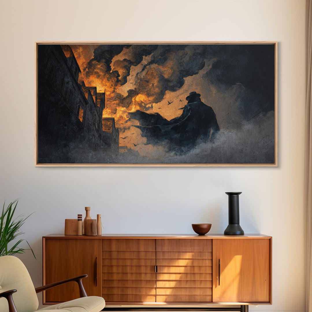 The Town Where Shadows Live, Apocalyptic Romantic Art, Wide Panoramic Art, Macabre Wall Art, Framed Canvas Print, Halloween Wall Art