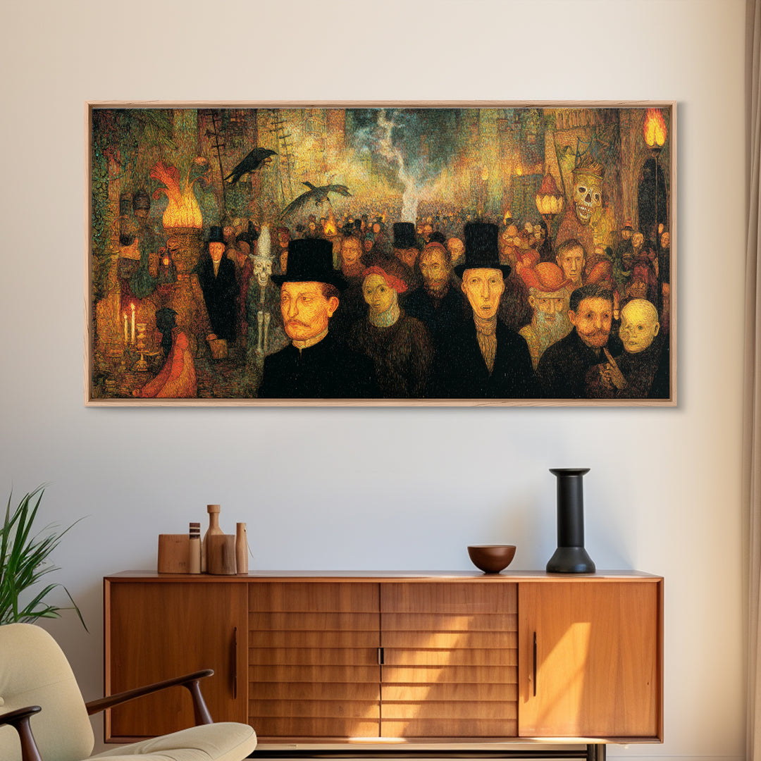 The Town Where Shadows Live, Grotesque Carnival Art, Wide Panoramic Art, Dark Halloween Decor, Canvas Print, Halloween Wall Art