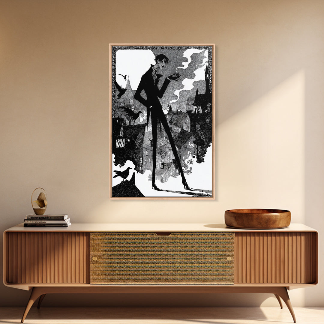 The Town Where Shadows Live, Decadent Line Art, Vertical Wall Art, Dark Halloween Decor, Framed Canvas Print, Halloween Wall Art