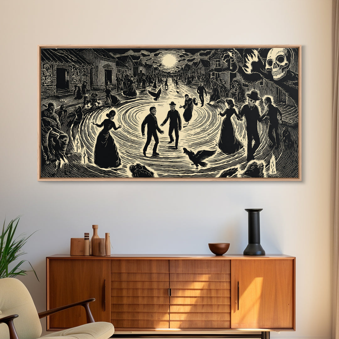 The Town Where Shadows Live, Macabre Folk Print Art, Wide Panoramic Art, Dark Fantasy Wall Art, Canvas Print, Halloween Wall Art