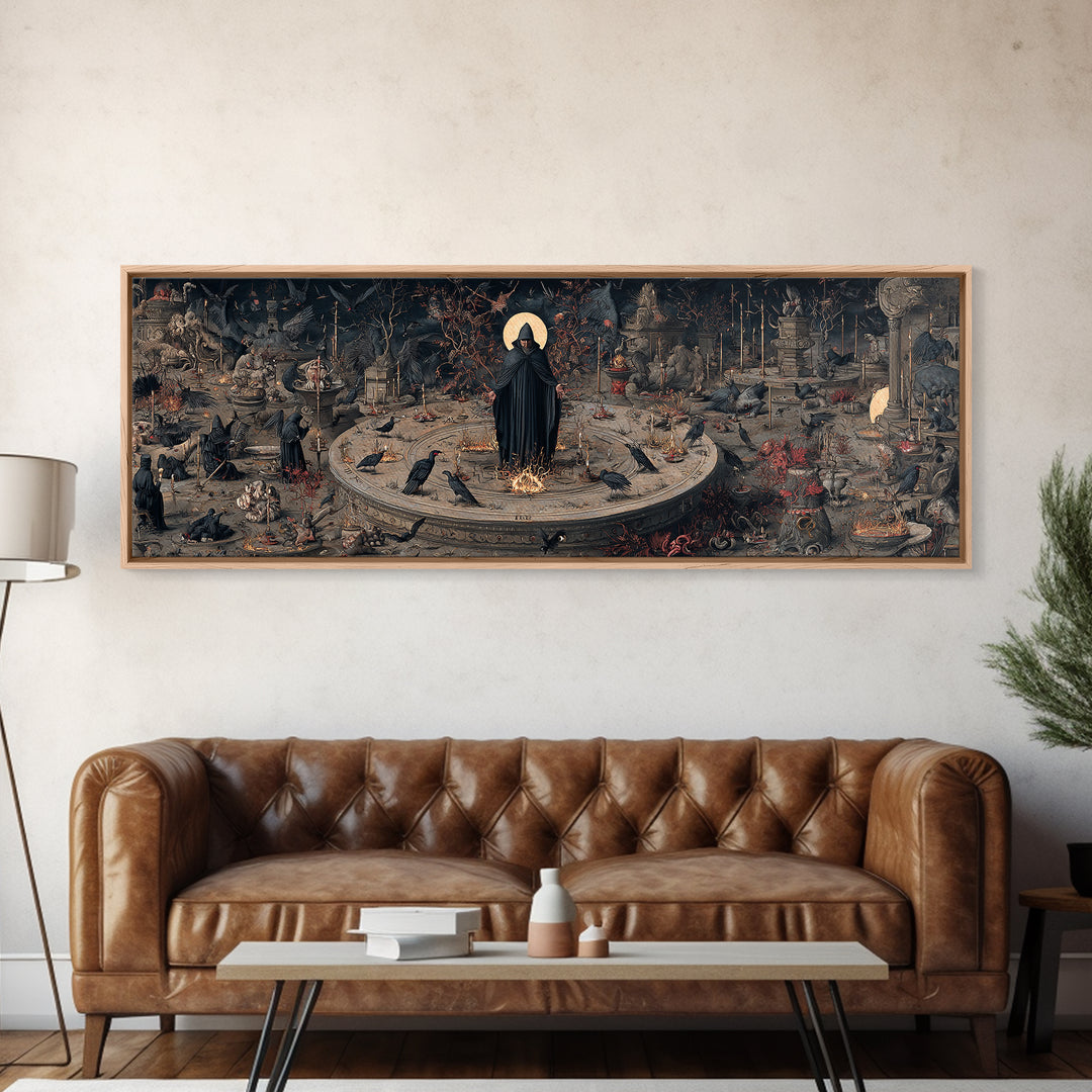 The Eclipse Summoning, Medieval Grotesque Art, Extra Wide Wall Art, Macabre Wall Art, Canvas Print, Halloween Wall Art