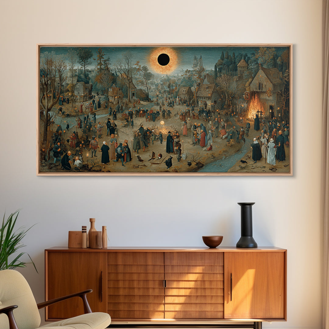 The Eclipse Summoning, Northern Renaissance Horror, Wide Panoramic Art, Dark Halloween Decor, Framed Canvas Print