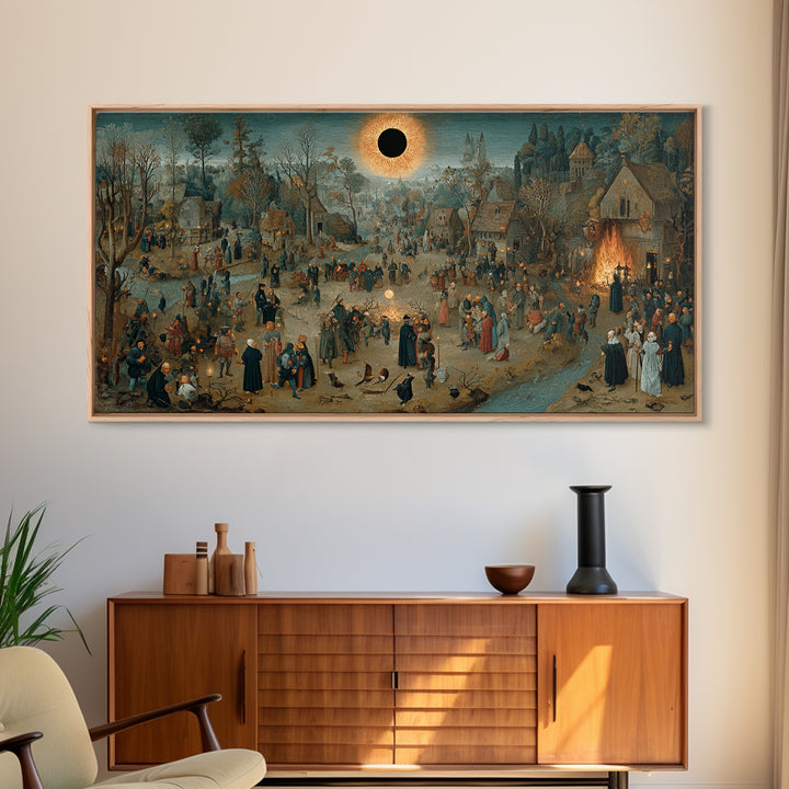The Eclipse Summoning, Northern Renaissance Horror, Wide Panoramic Art, Dark Halloween Decor, Framed Canvas Print