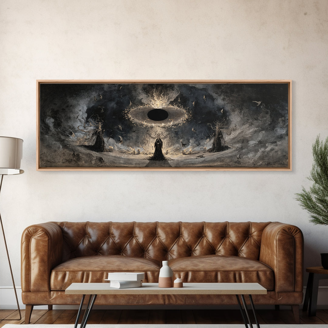 The Eclipse Summoning, Dark Romantic Horror Art, Extra Wide Wall Art, Dark Halloween Decor, Framed Canvas Print, Halloween Wall Art