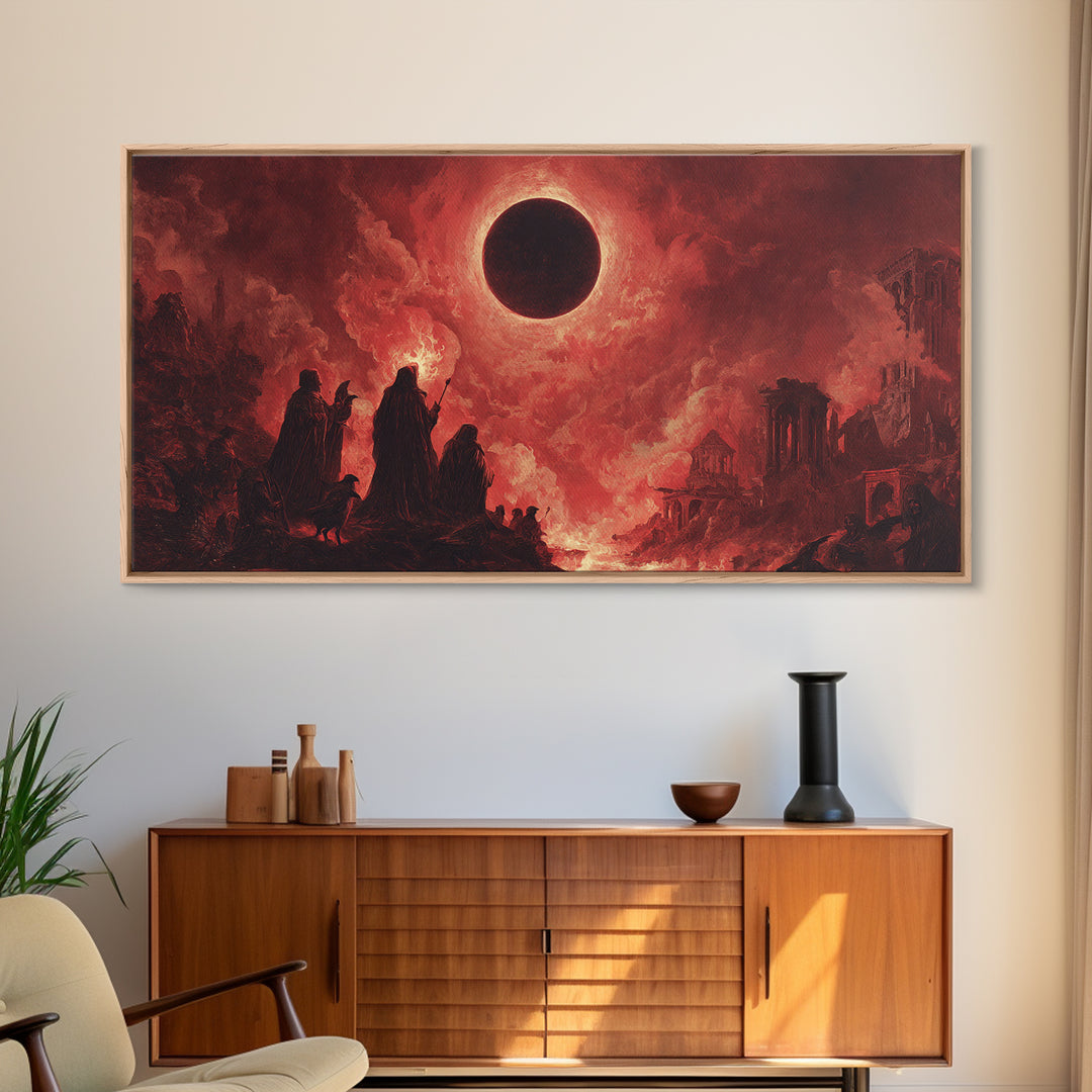 The Eclipse Summoning, Apocalyptic Romantic Art, Wide Panoramic Art, Dark Fantasy Wall Art, Framed Canvas Print, Halloween Wall Art