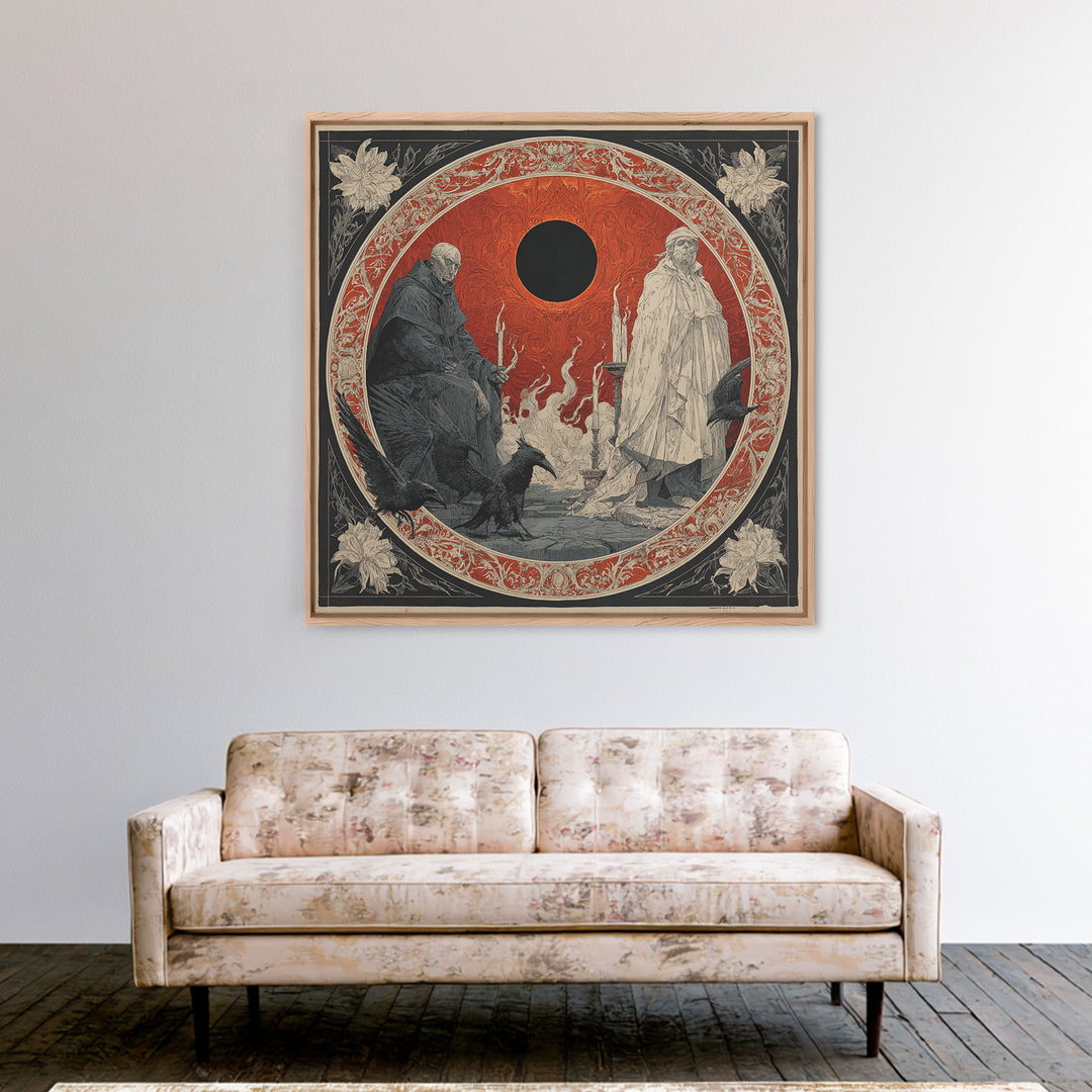 The Eclipse Summoning, Symbolist Etching Art, Square Wall Art, Macabre Wall Art, Framed Canvas Print, Halloween Wall Art, Horror Wall Art