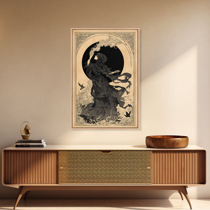 The Eclipse Summoning, Decadent Line Art, Vertical Wall Art, Macabre Wall Art, Framed Canvas Print, Halloween Wall Art