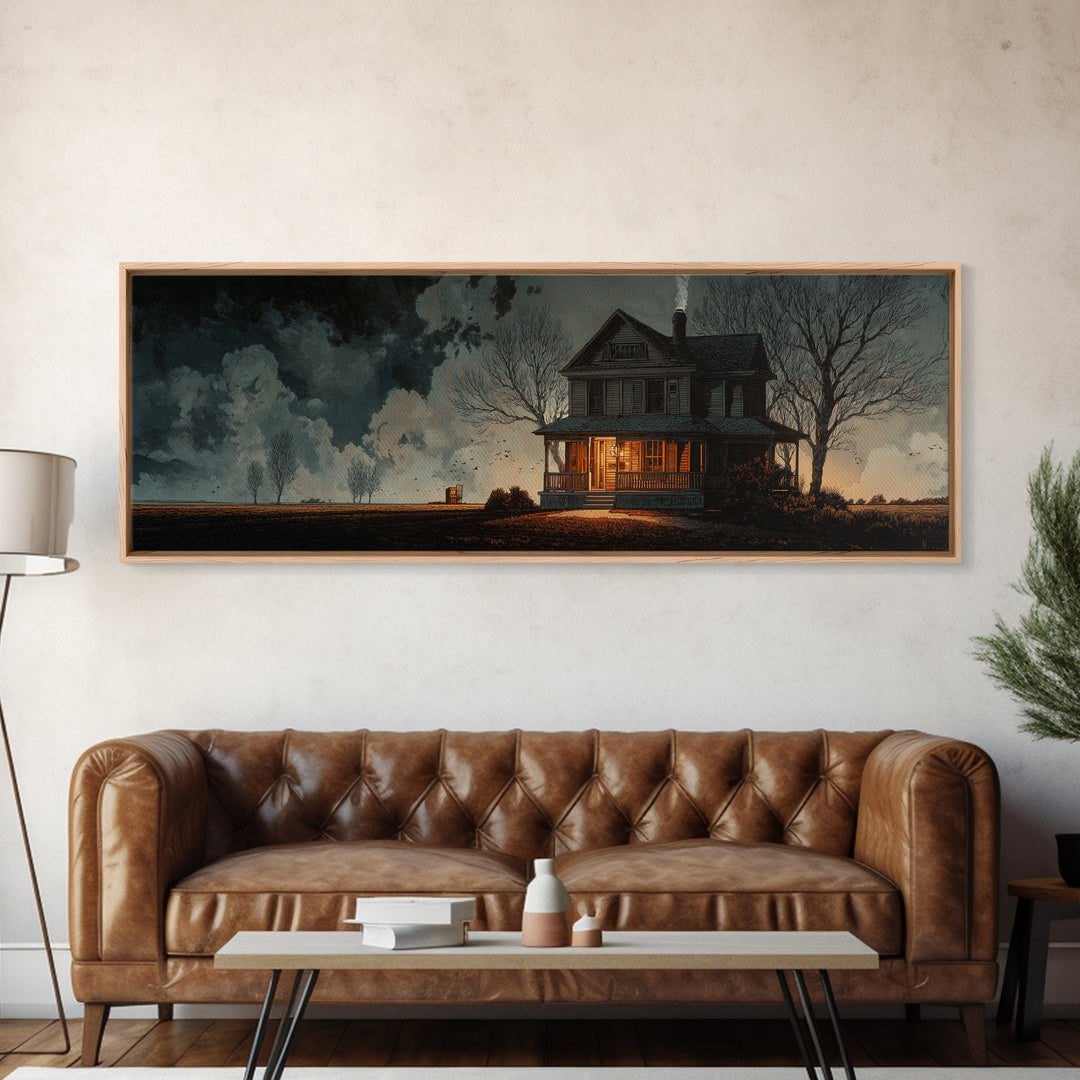 The Last House At The World'S Edge, Symbolist Etching Art, Extra Wide Wall Art, Macabre Wall Art, Framed Canvas Print, Halloween Wall Art