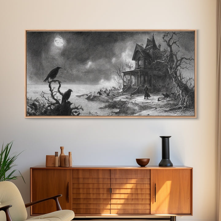 The Last House At The World'S Edge, Expressionist Nightmare Art, Wide Panoramic Art, Dark Halloween Decor, Framed Canvas Print