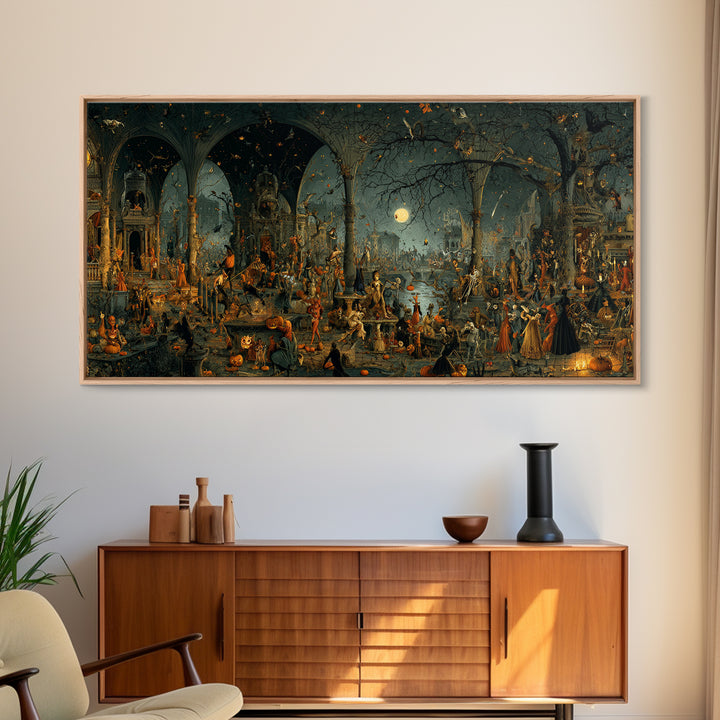 Halloween On Another Planet, Medieval Grotesque Art, Wide Panoramic Art, Gothic Horror Wall Art, Framed Canvas Print
