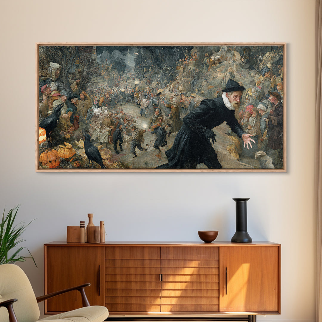 Halloween On Another Planet, Northern Renaissance Horror, Wide Panoramic Art, Gothic Horror Wall Art, Framed Canvas Print