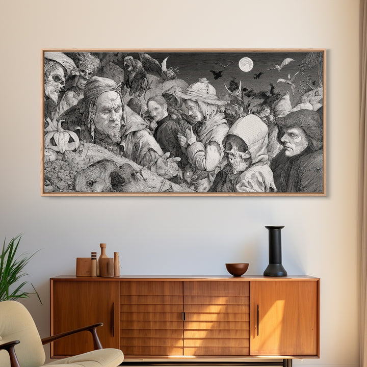 Halloween On Another Planet, Renaissance Engraving Art, Wide Panoramic Art, Dark Fantasy Wall Art, Framed Canvas Print, Halloween Wall Art